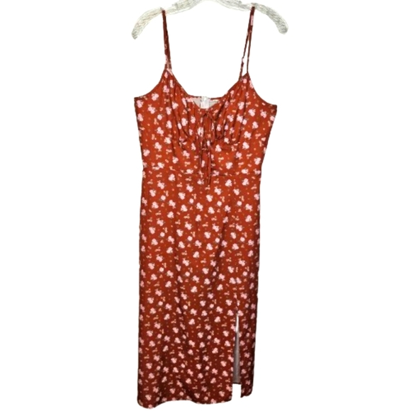 Womens Floral Rust Orange Midi Dress Back Zip Spaghetti Straps Slip Size Large - Picture 2 of 11